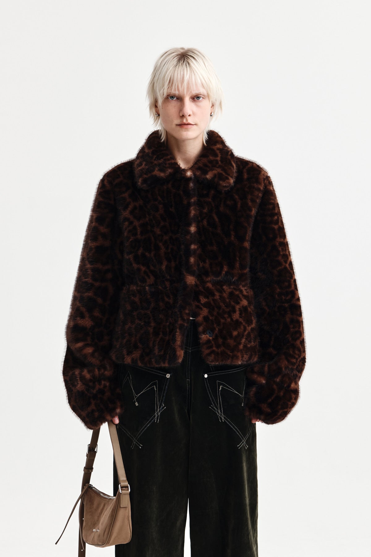LEOPARD FUR CROP JACKET IN BROWN