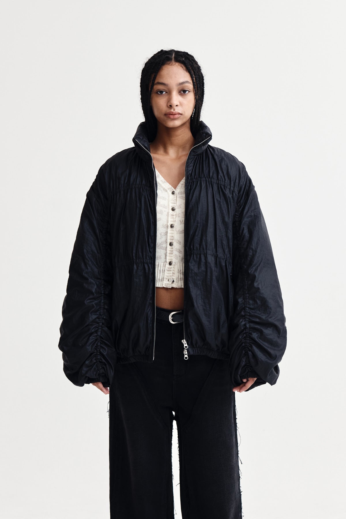 HIGH NECK SHIRRING DOWN JUMPER IN BLACK