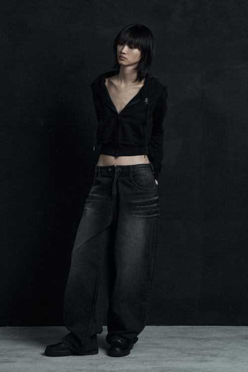 OVERSIZED CAT WASHING DENIM PANTS BLACK