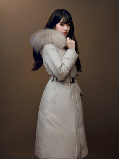La Belle (Label) Women's W/S Cashmere Long Coat Down Jacket (HOOD)_Grayish BEIGE