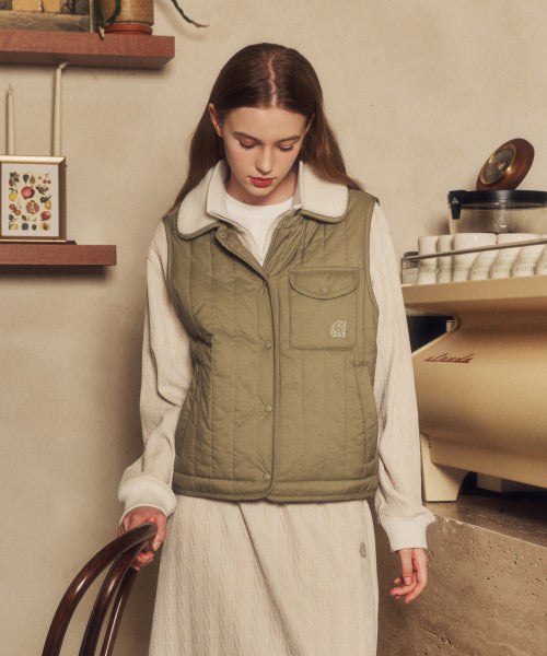 Detachable Collar Quilting Vest - W_Light Khaki
