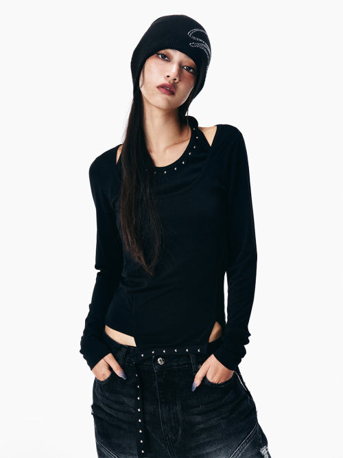 STUDDED HALTER LAYERED TOP BLACK