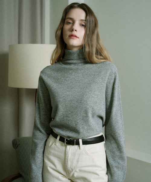 Merino Wool 100% Turtleneck Basic Knit (Gray)