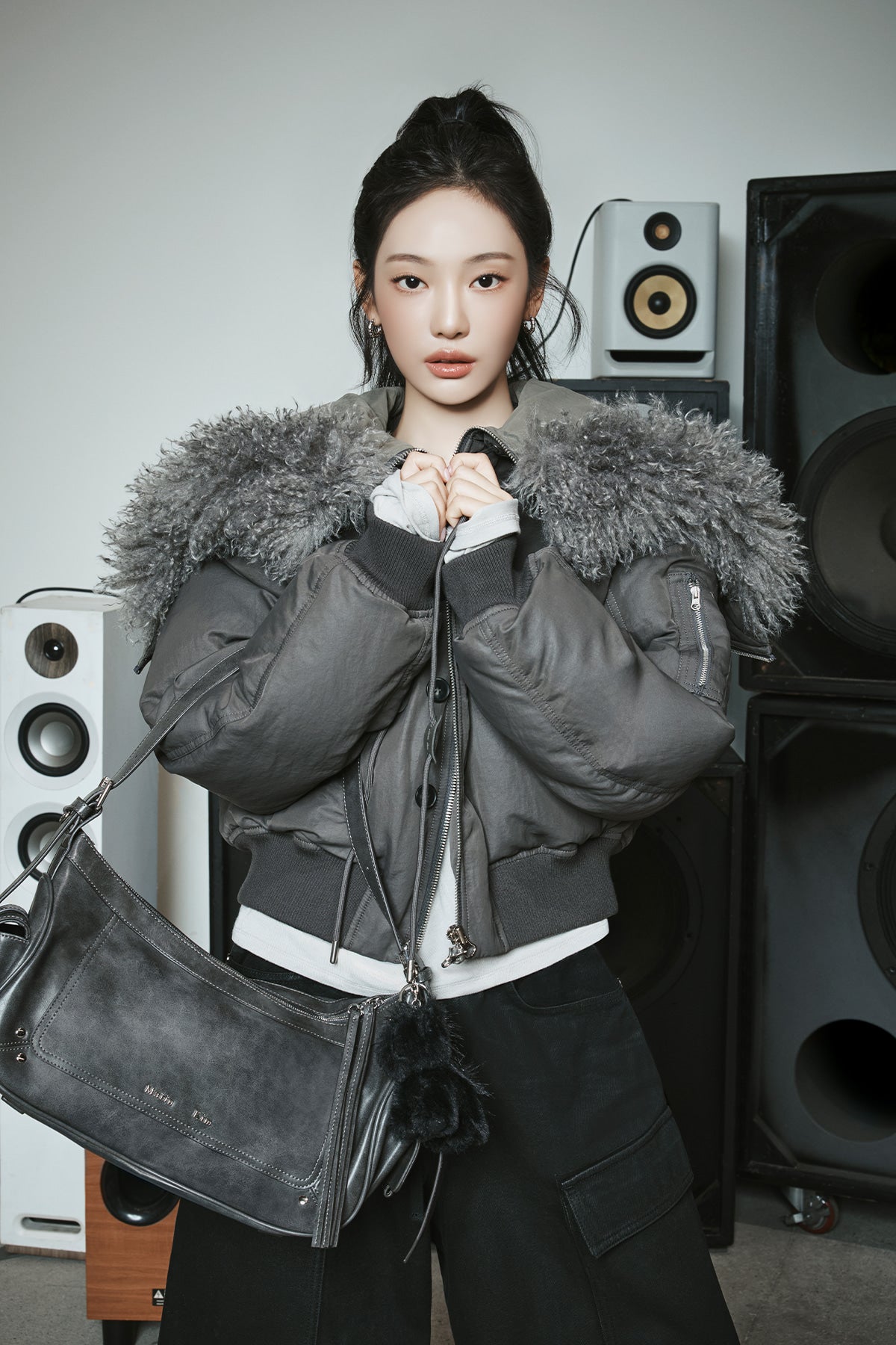 FUR HOODY BOMBER DOWN JUMPER IN DARK GREY