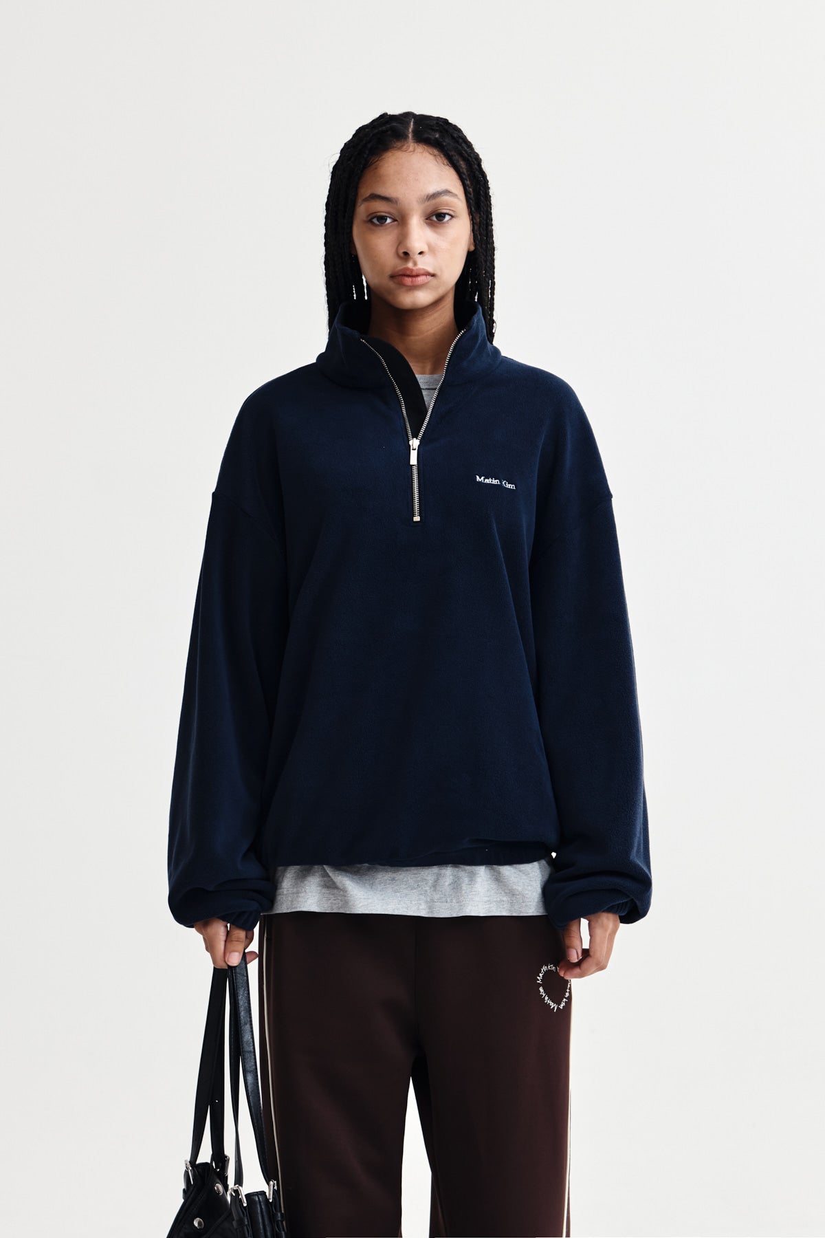 SHERPA FLEECE HALF ZIP UP TOP IN NAVY