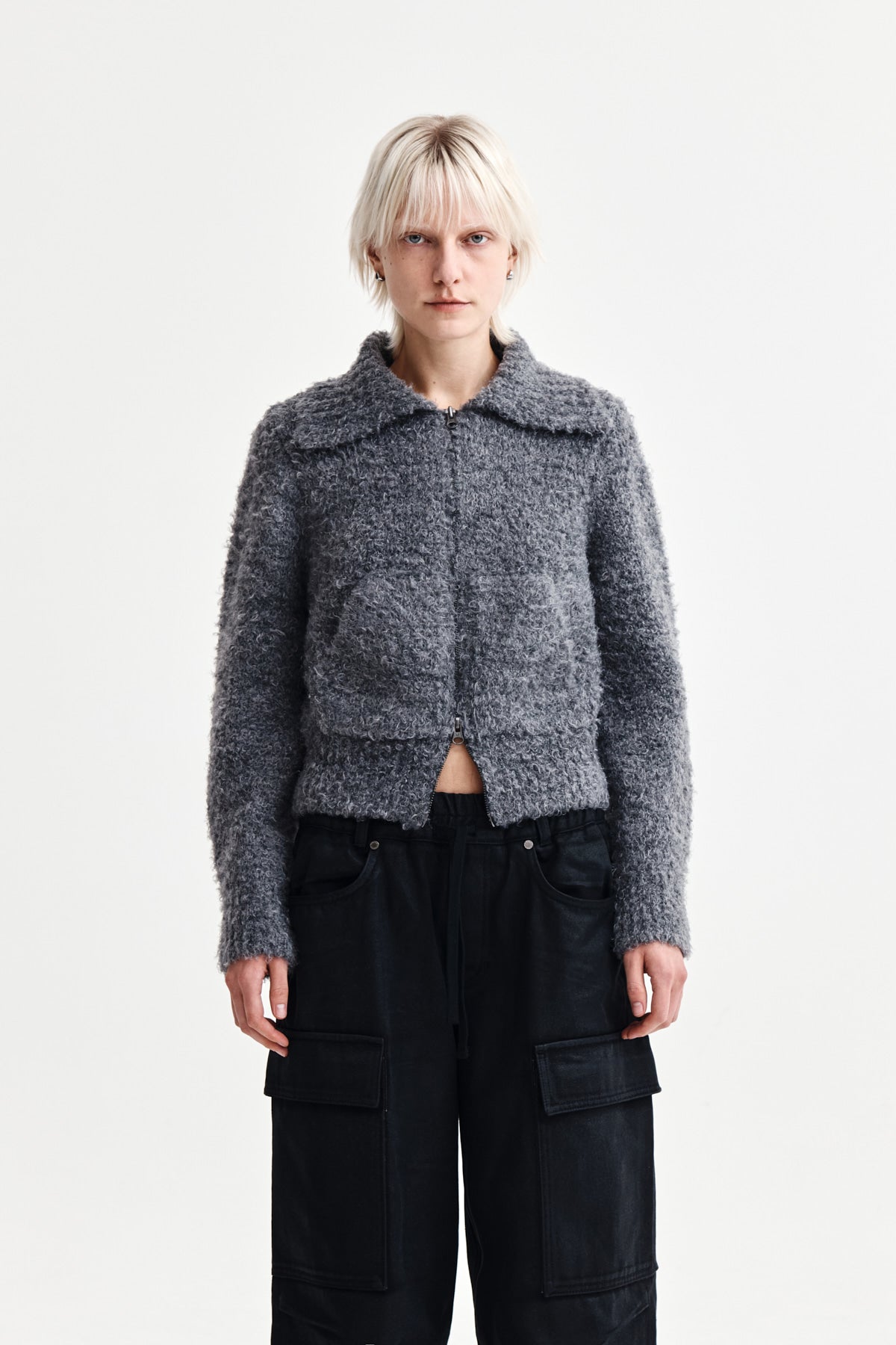 BOUCLE KNIT ZIP UP CARDIGAN IN CHARCOAL
