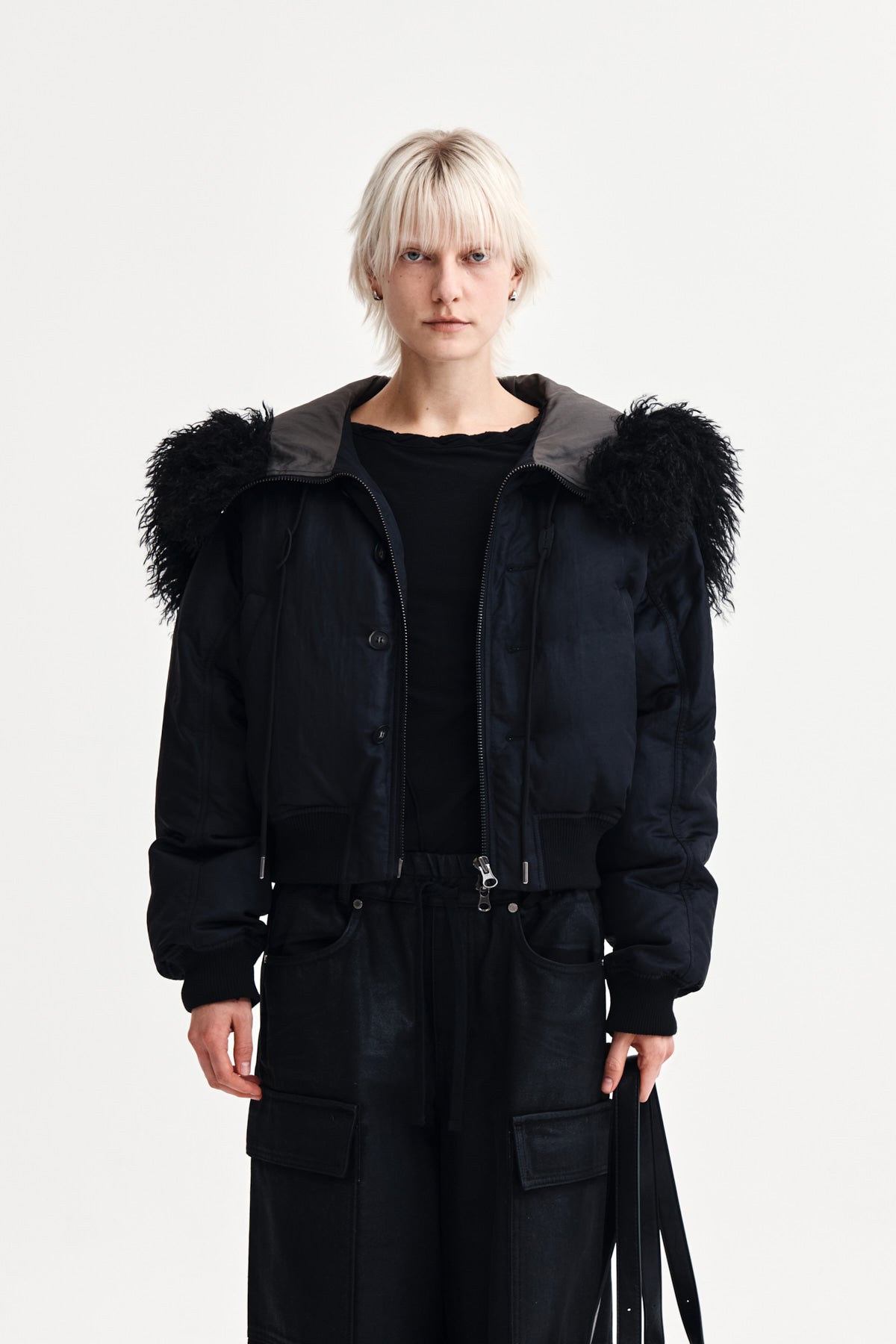 FUR HOODY BOMBER DOWN JUMPER IN BLACK