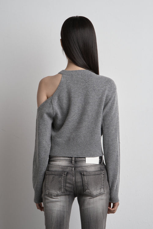 SHOULDER SLIT KNIT CARDIGAN GRAY