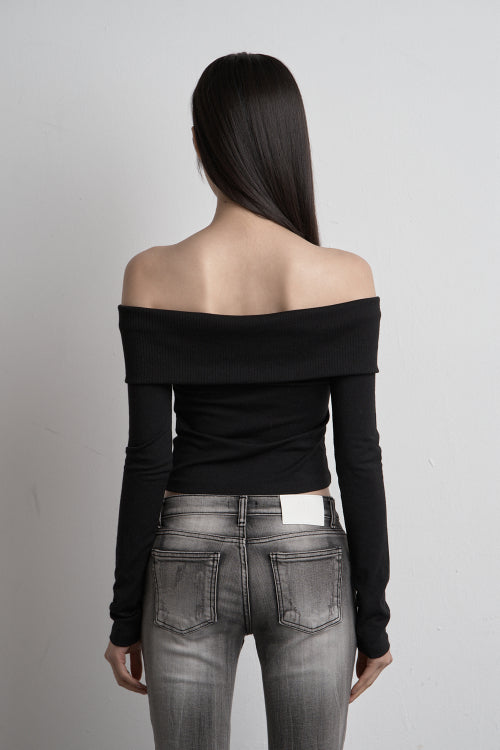 EYELET OFF SHOULDER TOP BLACK