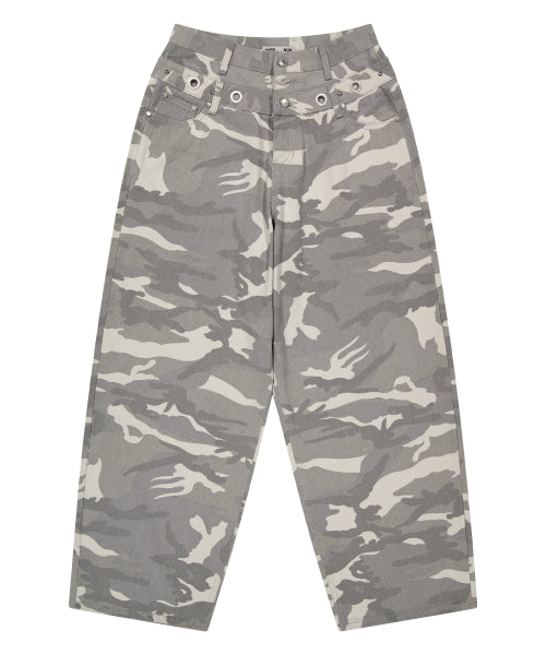 EYELET DOUBLE WAIST PANTS_GREY CAMO