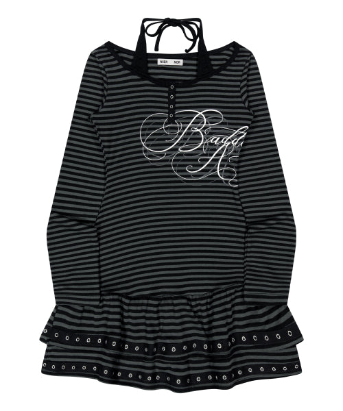 BADDIE ANGEL HALTERNECK DRESS_BLACK STRIPE