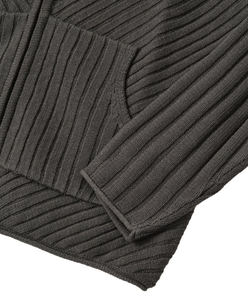 Rib Knit Hoodie Zip-Up - CHARCOAL