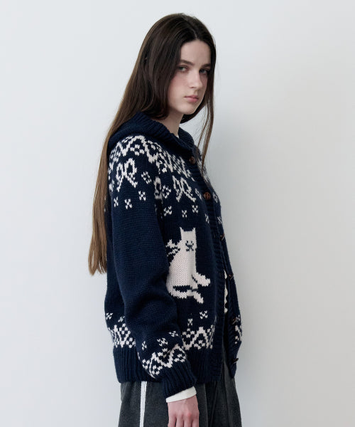 CAT JACQUARD HOODIE CARDIGAN NAVY