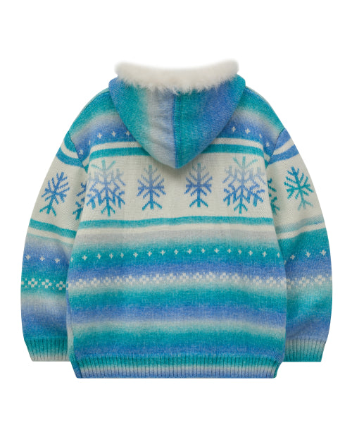 Snow Gradation Fur Hood Knit Zip Up BLUE