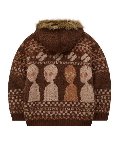 Alien Fur Knit Hood Zip-up BROWN