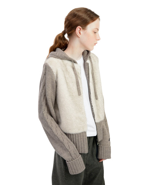 W Faux Fur Knit Zip Jacket Oatmeal