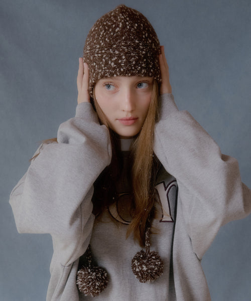 Pompom Dot Ear Muff Alpaca Beanie (Brown)
