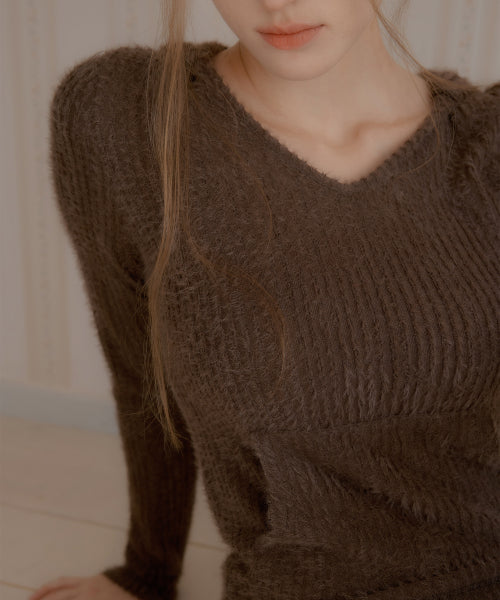 Fluffy V-Neck Slim Fit Hoodie (Brown)