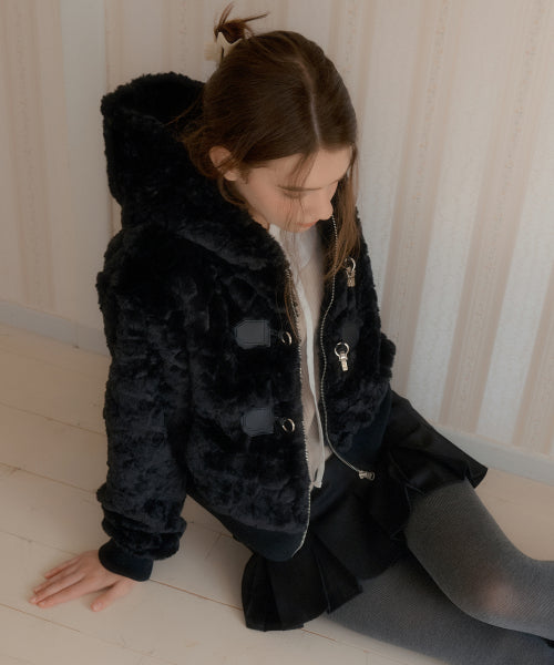 Twin Buckle Hooded Fur Jacket (Black)