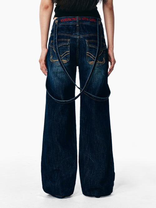 CROSS STRAP FADED DENIM PANTS BLUE