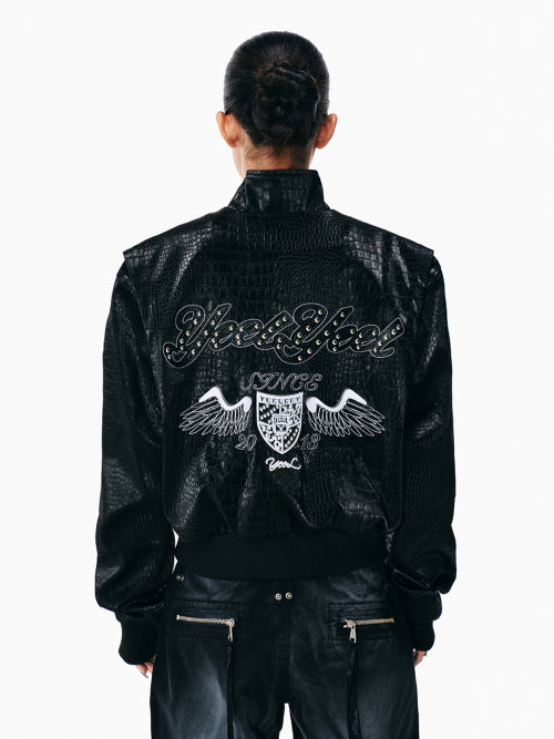 FAUX CROCODILE LEATHER WINGED JACKET BLACK