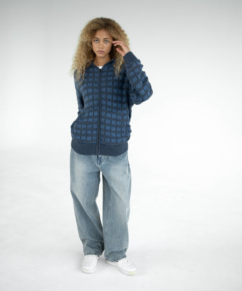 Textured Knit Zip Hoodie Navy