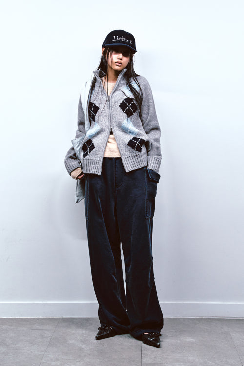ARGYLE KNIT ZIP UP IN MELANGE GREY