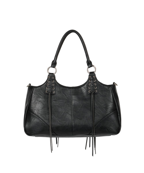 Eyelet Leather Fringe Bag (Black)