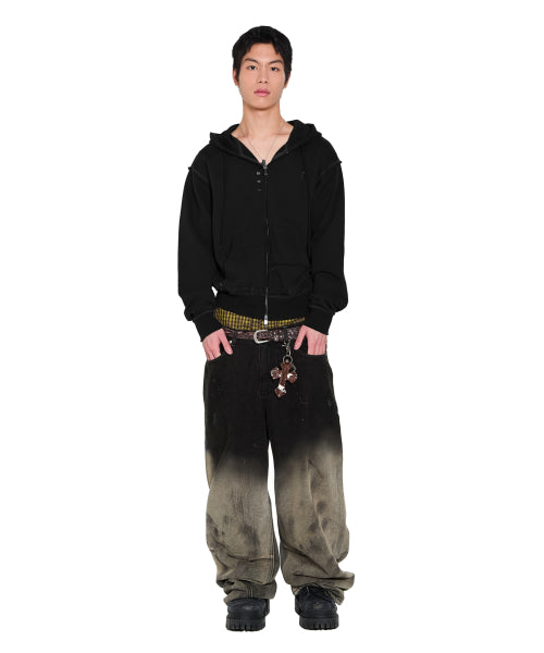 Eyelet Damaged Zip-Up Hoodie (Black)
