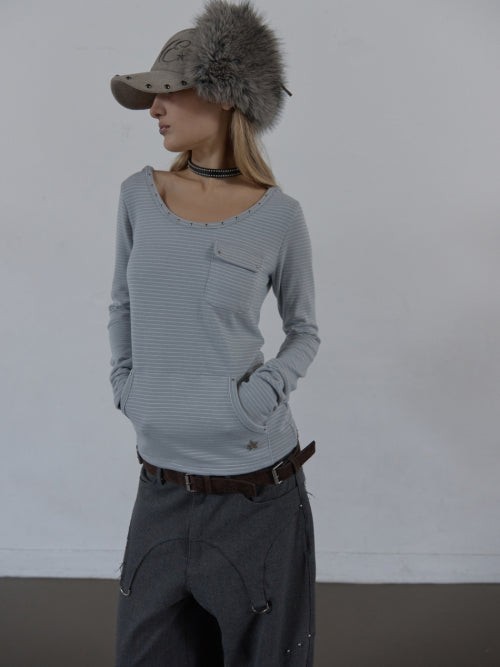 SOFT STRIPE HOODIE TOP / BABY BLUE