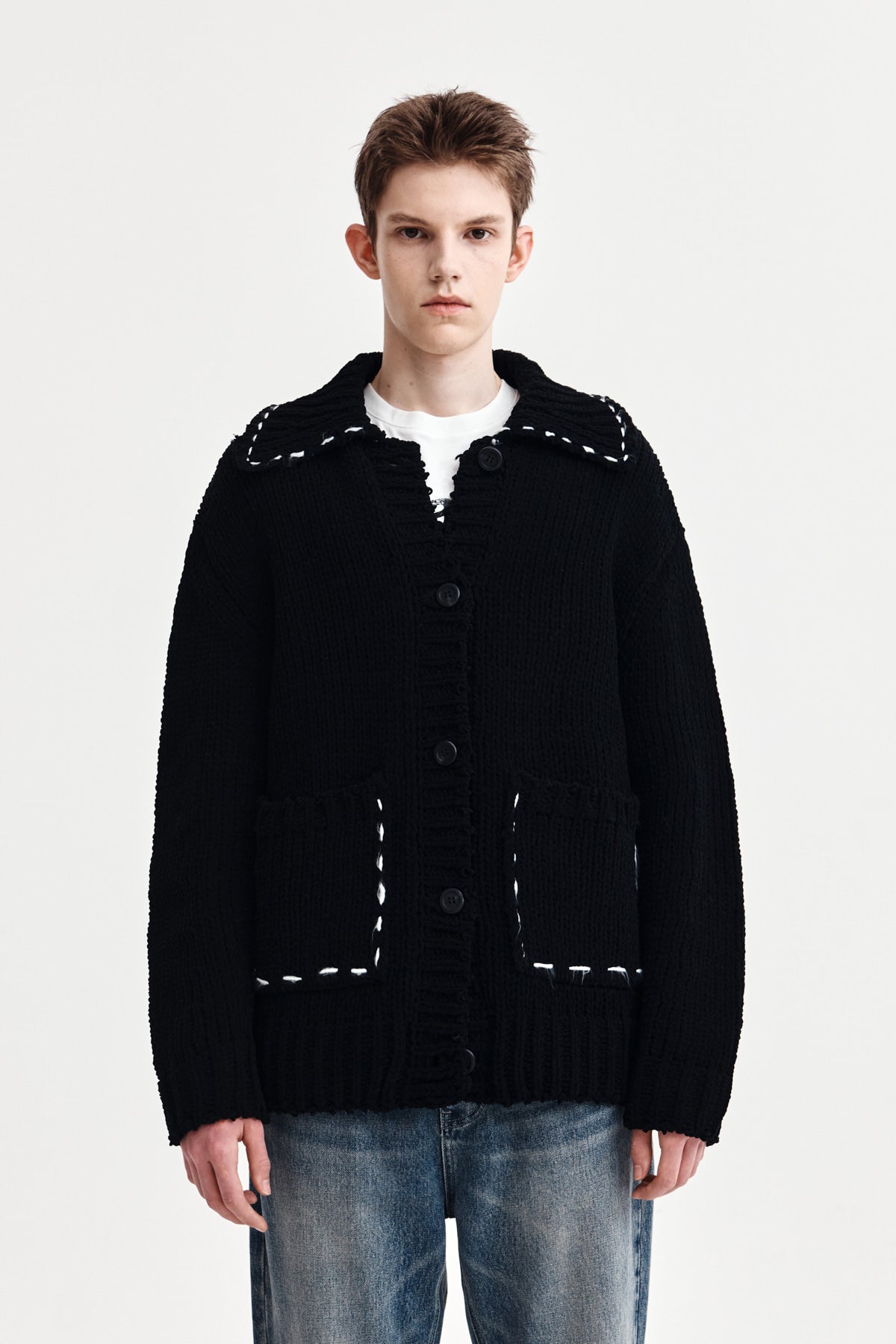 HANDMADE COLLAR KNIT CARDIGAN FOR MEN IN BLACK