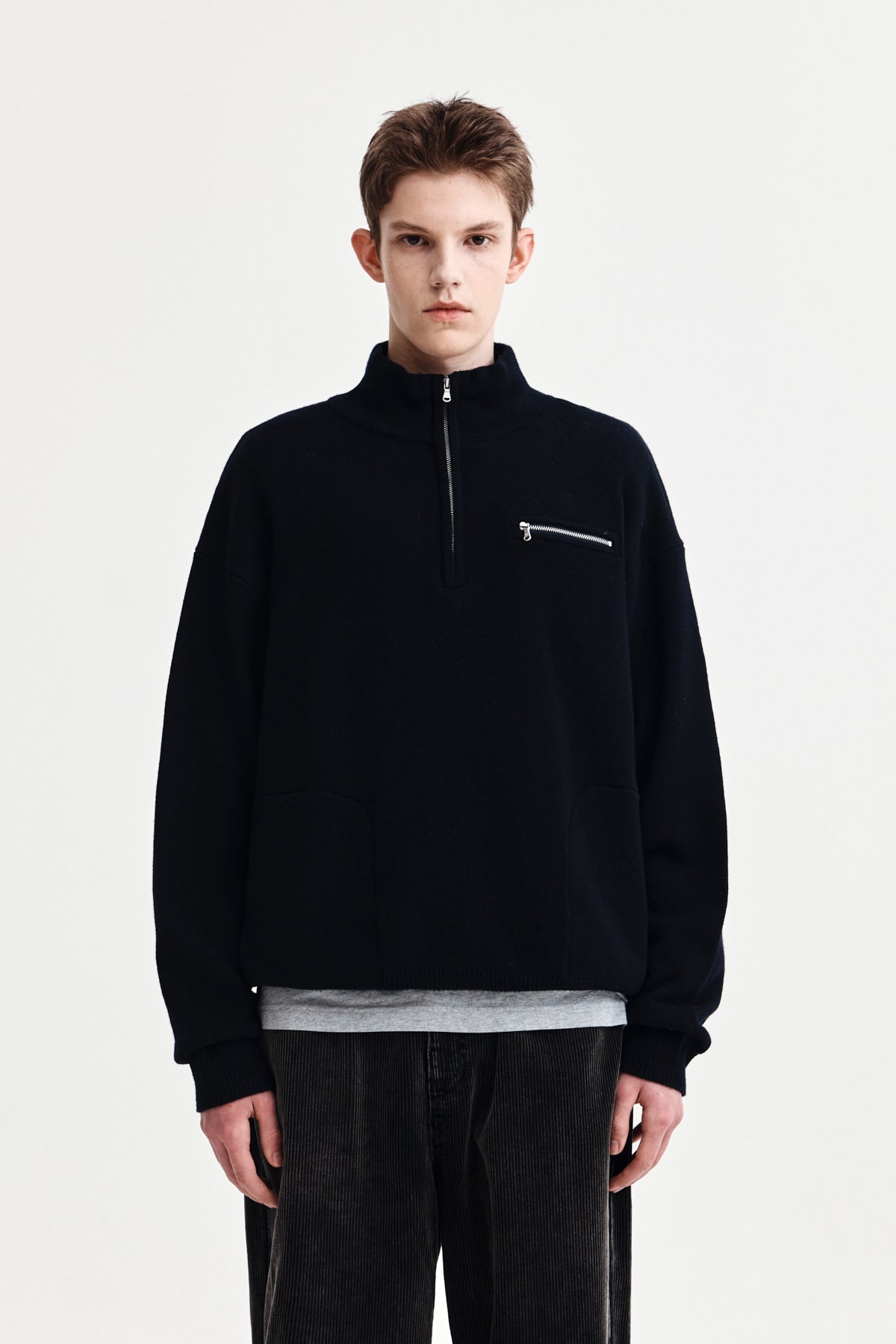 BACK LOGO HALF KNIT ZIP UP PULLOVER FOR MEN IN NAVY