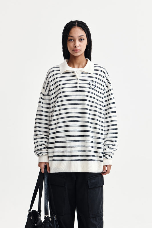 HEART LOGO COLLAR STRIPED PULLOVER IN IVORY