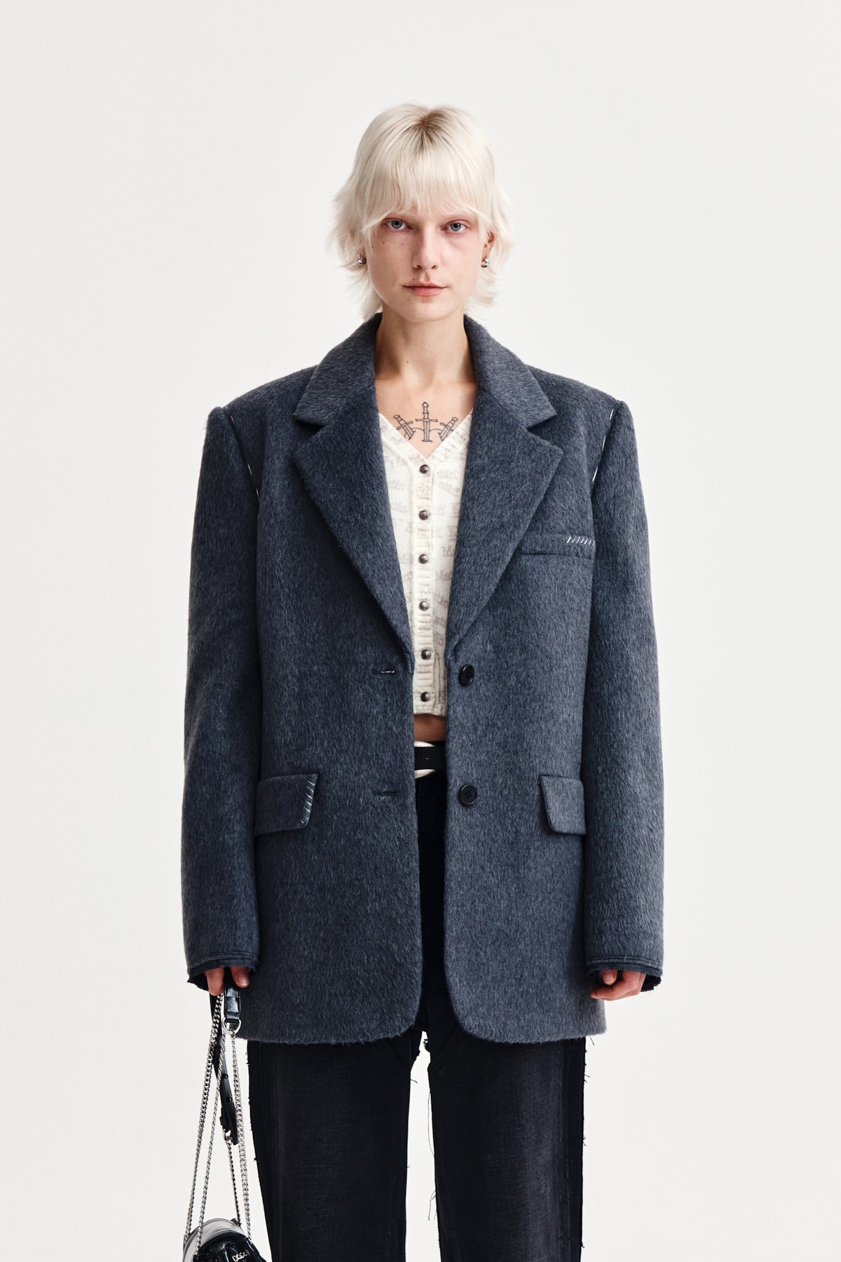 HAIRY OVERFIT STITCH SINGLE JACKET IN GREY
