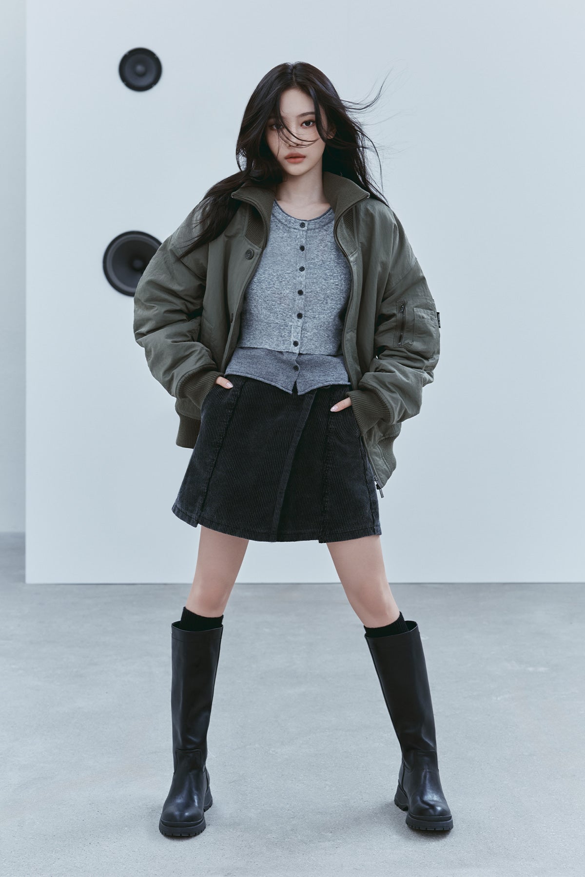 WASHED CORDUROY WRAP SKIRT IN BLACK