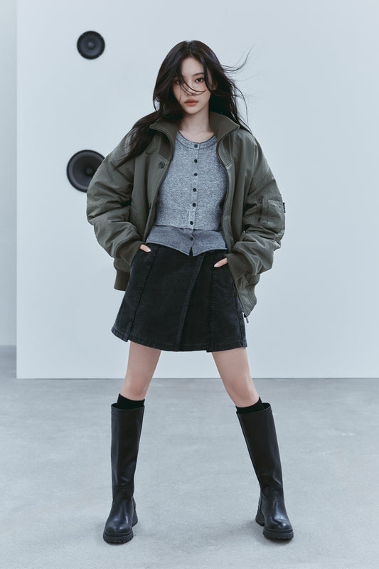 WASHED CORDUROY WRAP SKIRT IN BLACK
