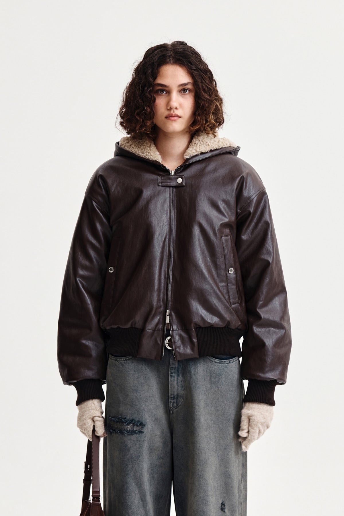 FAUX LEATHER ZIP UP HOODY IN BROWN