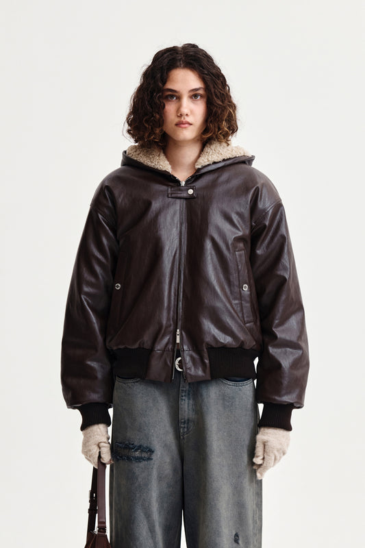 FAUX LEATHER ZIP UP HOODY IN BROWN
