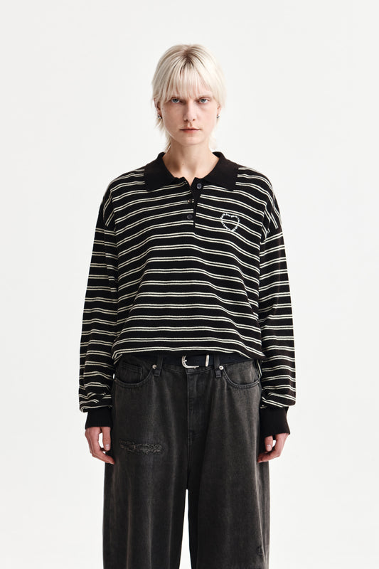 HEART LOGO COLLAR STRIPED PULLOVER IN BROWN