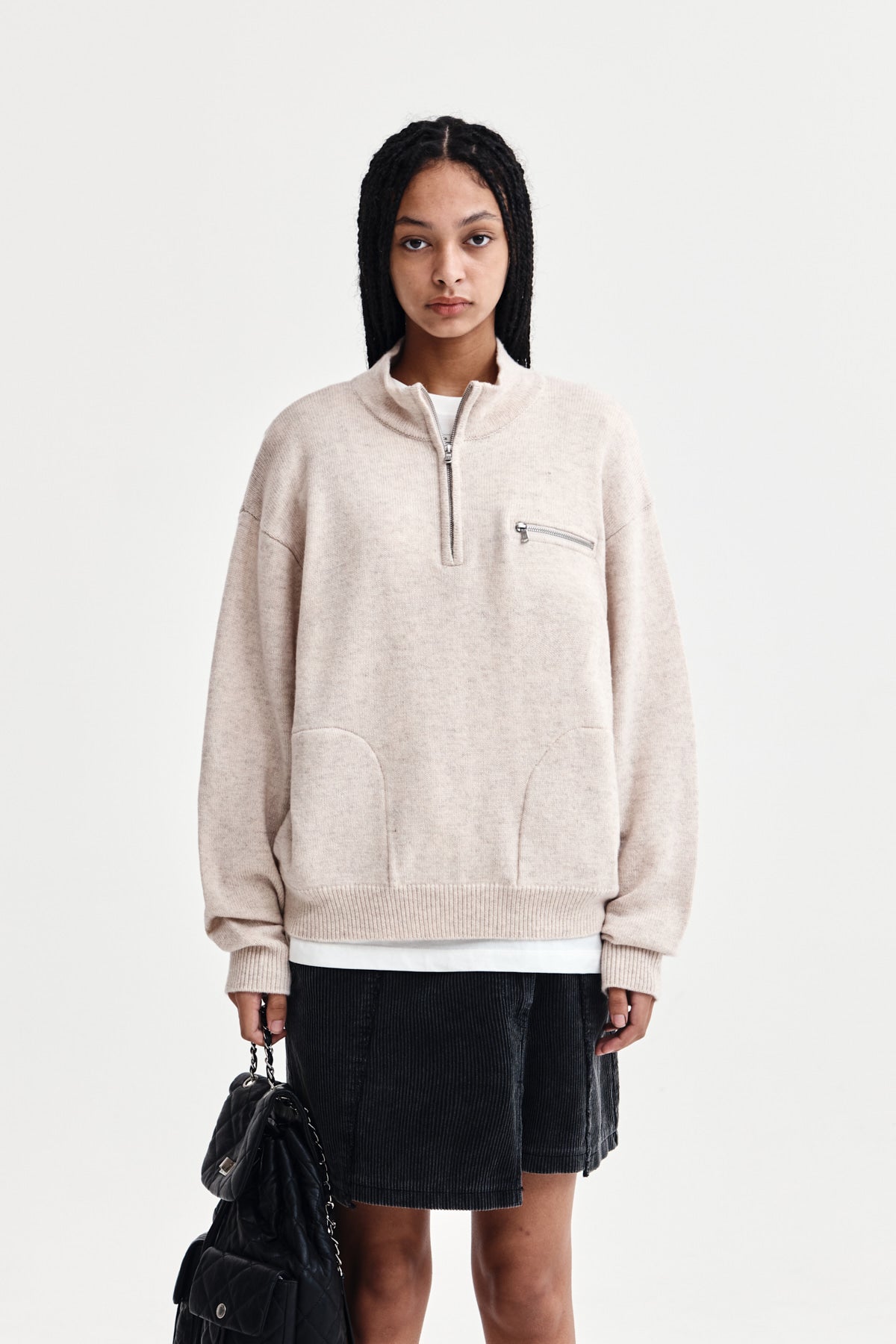 BACK LOGO HALF KNIT ZIP UP PULLOVER FOR WOMEN IN LIGHT BEIGE