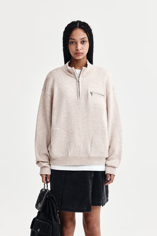 BACK LOGO HALF KNIT ZIP UP PULLOVER FOR WOMEN IN LIGHT BEIGE