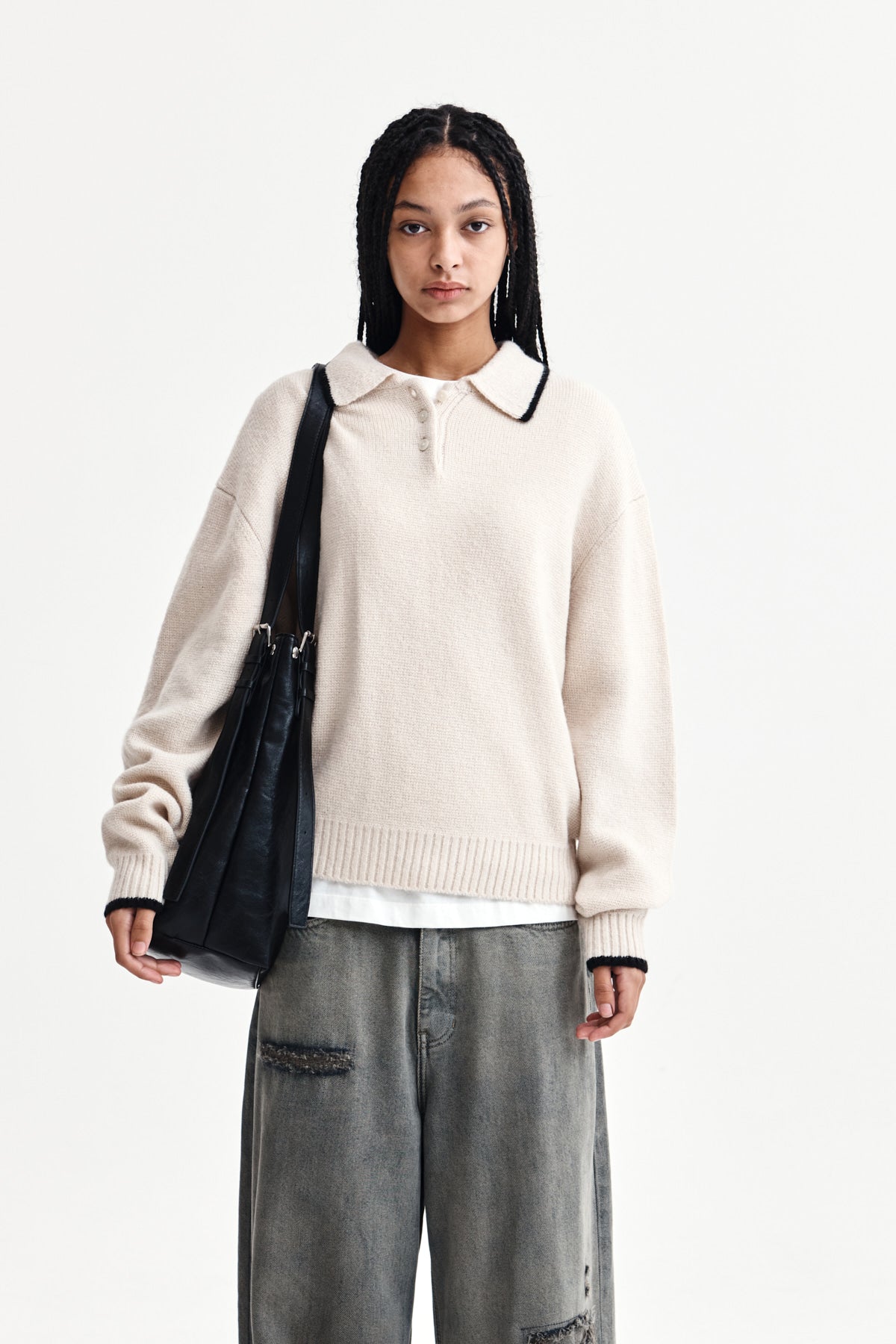 BACK LOGO COLLAR KNIT TOP FOR WOMEN IN IVORY