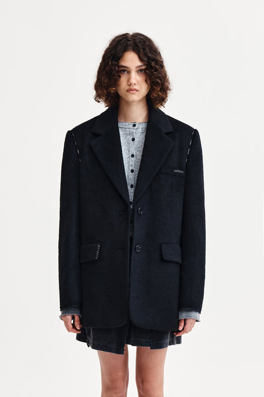 HAIRY OVERFIT STITCH SINGLE JACKET IN BLACK