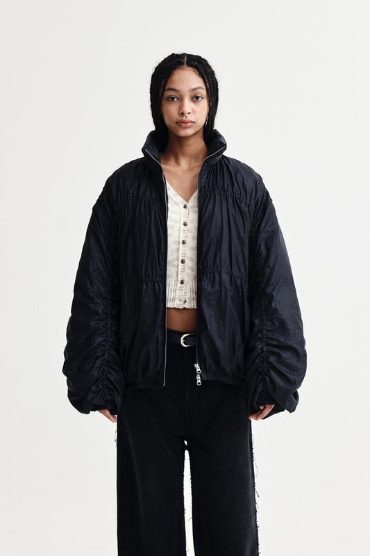 HIGH NECK SHIRRING DOWN JUMPER IN BLACK