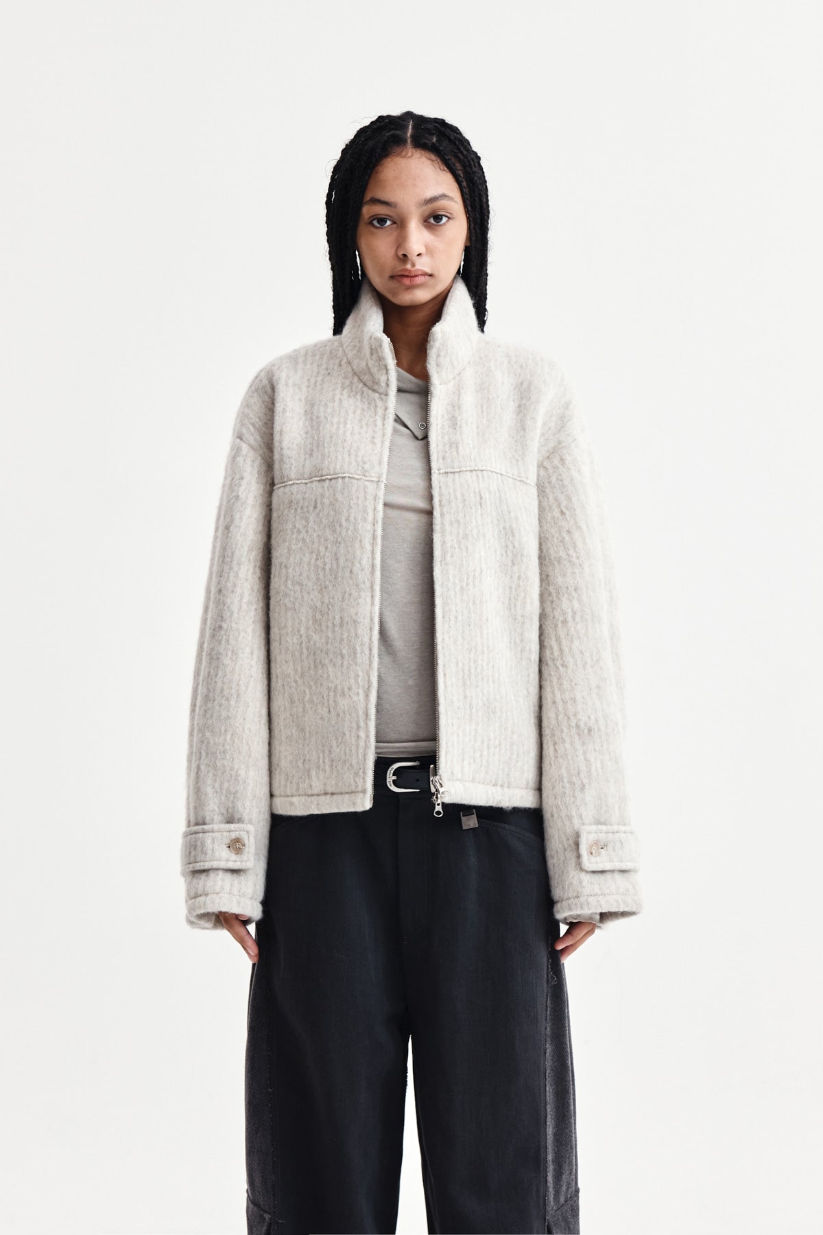 HAIRY HIGH NECK ZIP UP JUMPER IN LIGHT BEIGE
