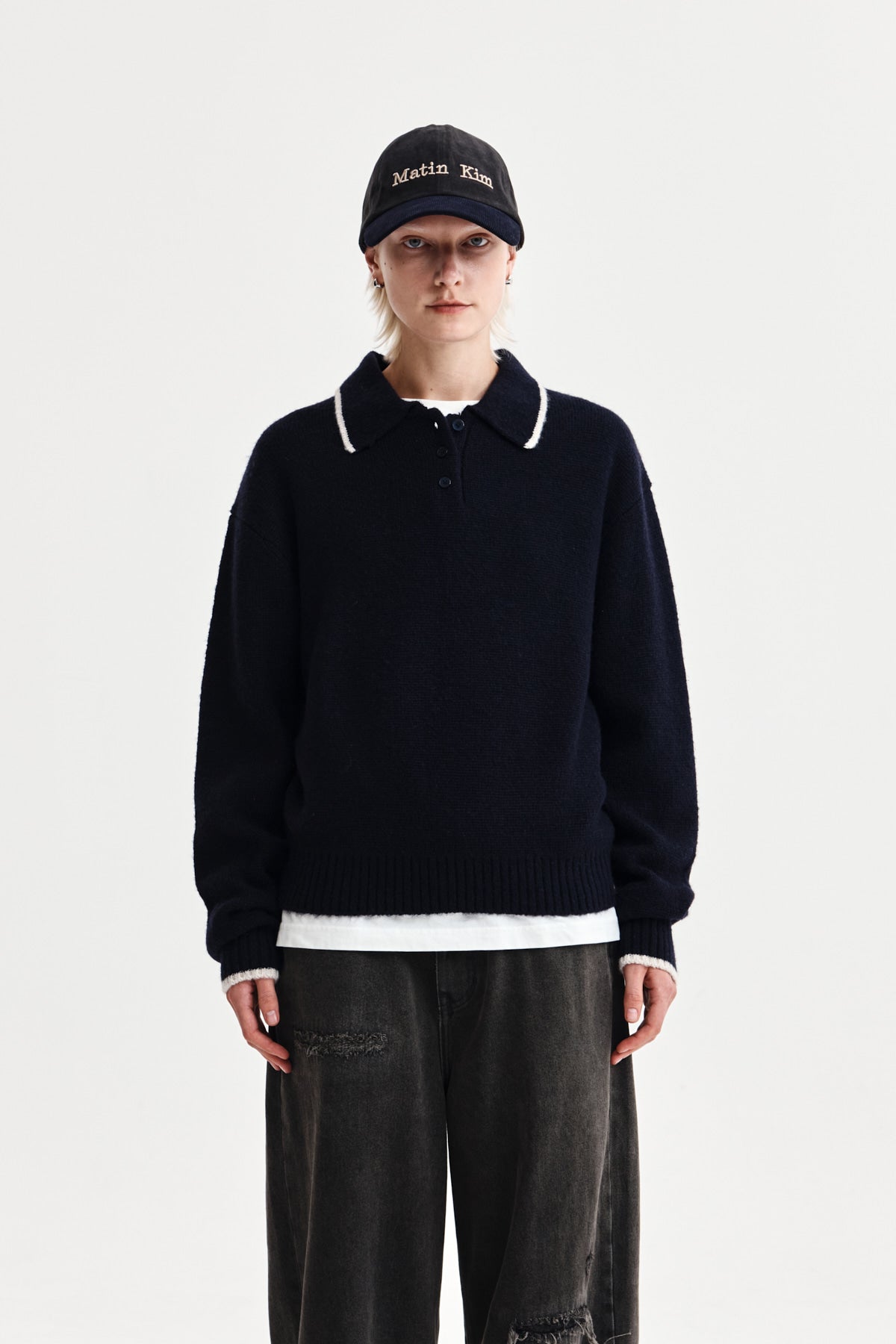 BACK LOGO COLLAR KNIT TOP FOR WOMEN IN DARK NAVY