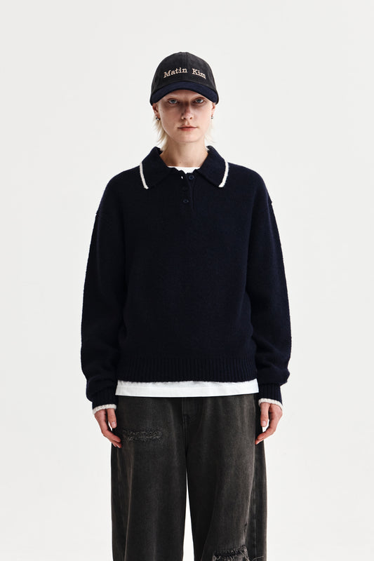 BACK LOGO COLLAR KNIT TOP FOR WOMEN IN DARK NAVY