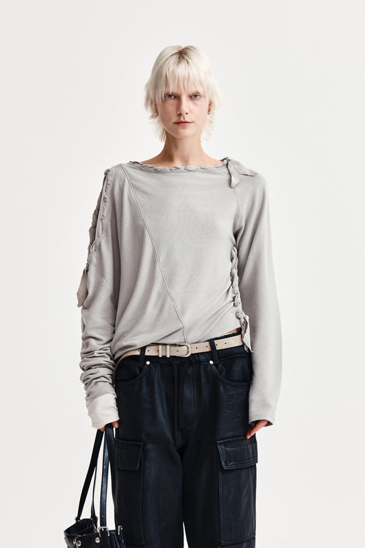 WEAVING LONG SLEEVE TOP IN LIGHT GREY