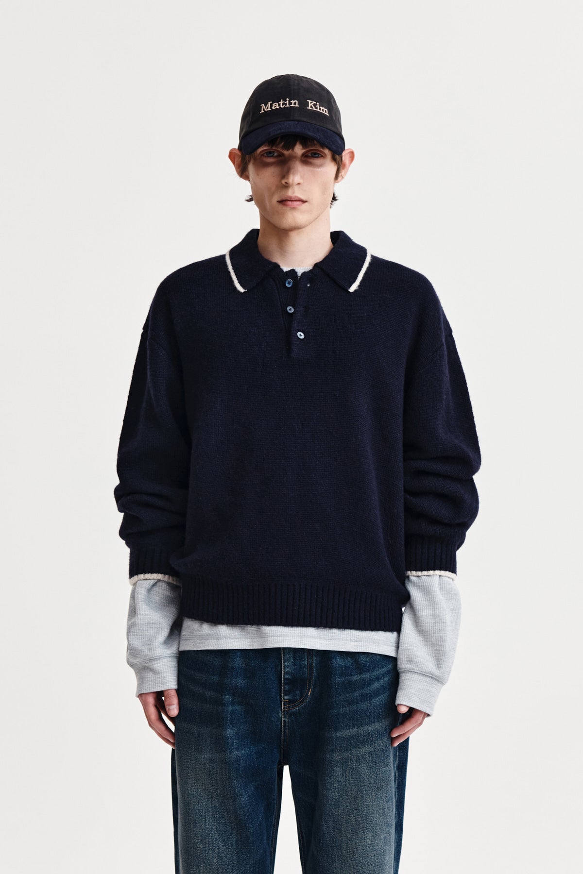 BACK LOGO COLLAR KNIT TOP FOR MEN IN DARK NAVY