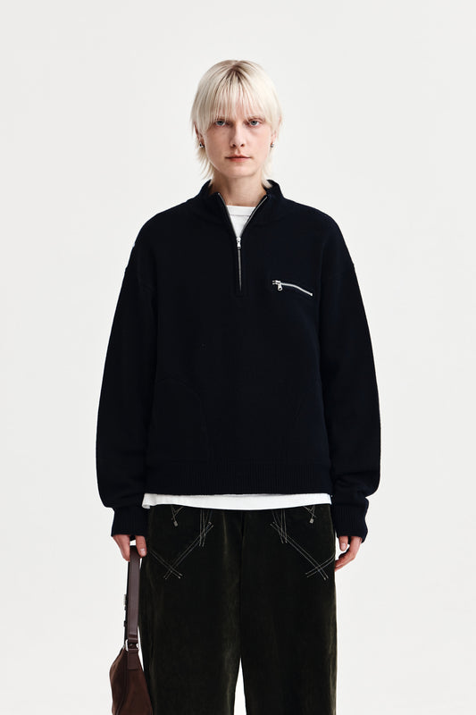 BACK LOGO HALF KNIT ZIP UP PULLOVER FOR WOMEN IN NAVY